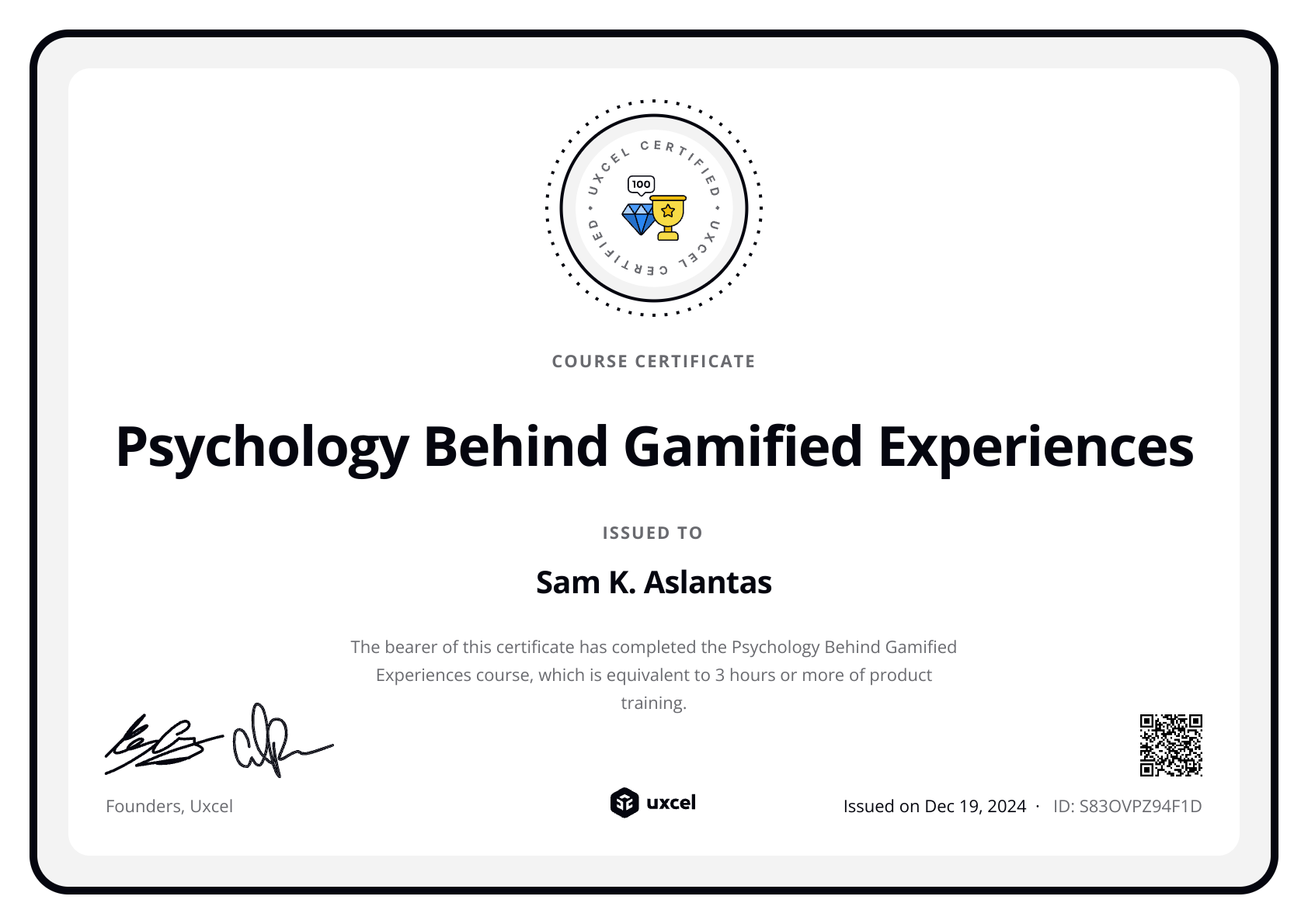 Sam K. Aslantas's certificate